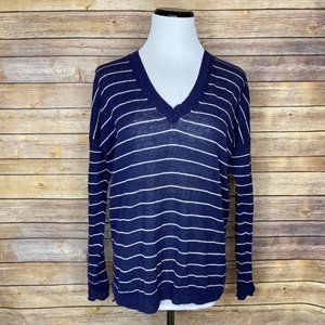 Madewell Blue Stripe Longview V Neck Linen Sweater